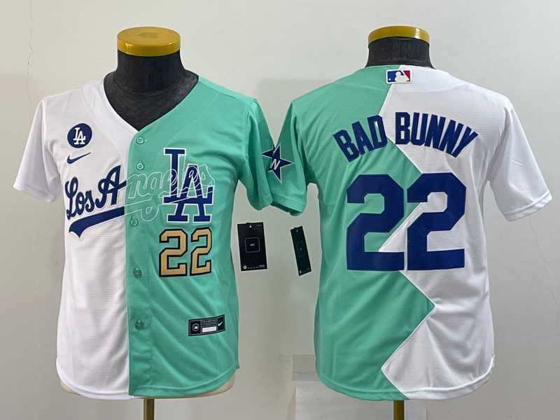 Youth Los Angeles Dodgers #22 Bad Bunny White Green Two Tone 2022 Celebrity Softball Game Cool Base Jersey2->mlb youth jerseys->MLB Jersey